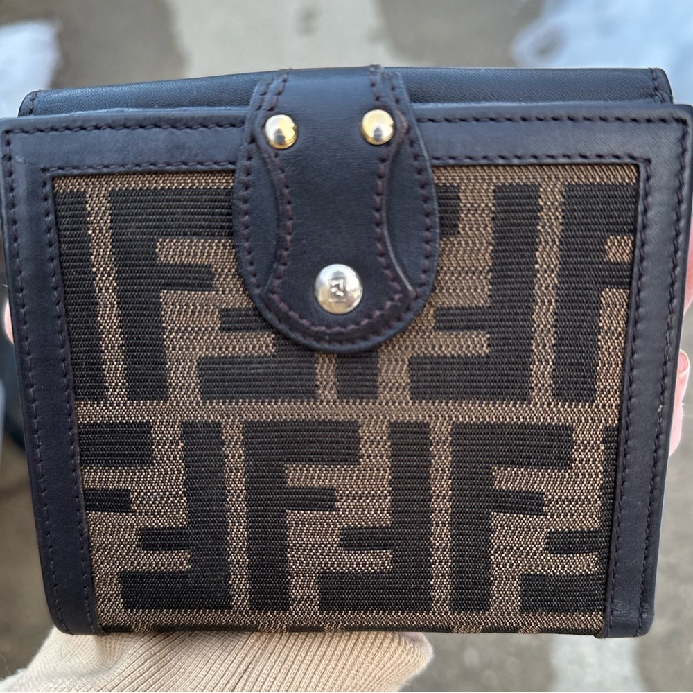 Vintage Fendi Zucca Canvas and leather bifold wallet with snap closure